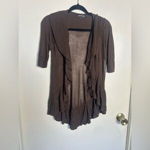Express Design Studio Brown Ruffle Open Front Cardigan Sweater 3/4 Sleeve Size M